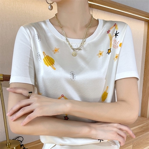 重磅真丝t恤女短袖印花桑蚕丝白色圆领小衫2024夏装半袖短款上衣图片