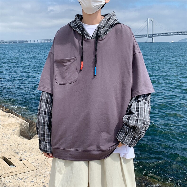原宿风春秋季港风男休闲连帽卫衣假两件格子外套男女潮W1547-P40,男装卫衣,星座512-2