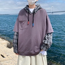 原宿风春秋季港风男休闲连帽卫衣假两件格子外套男女潮W1547-P40，男装卫衣，星座512-2