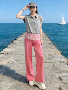 慵懒风时尚洋气套装女夏季新款蕾丝拼接短袖上衣阔腿裤两件套显瘦图片