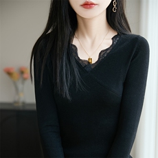 秋季新款纯色v领花边针织套头上衣时尚休闲，女装针织衫/毛衣，皓宇羊绒