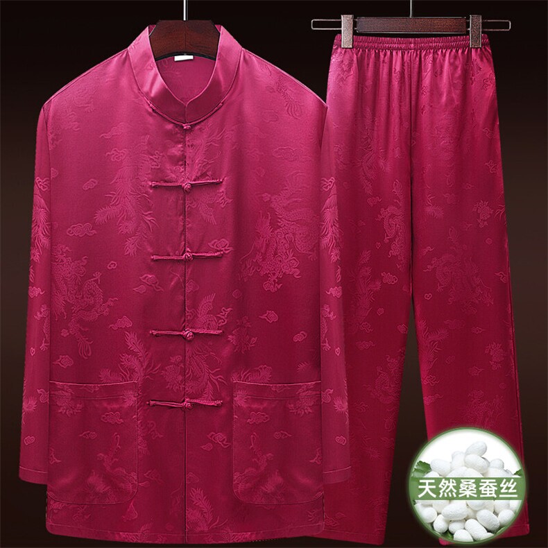 25新款夏款中老年风唐装真丝绸长袖套装太极服套装，男装休闲套装，钱塘723