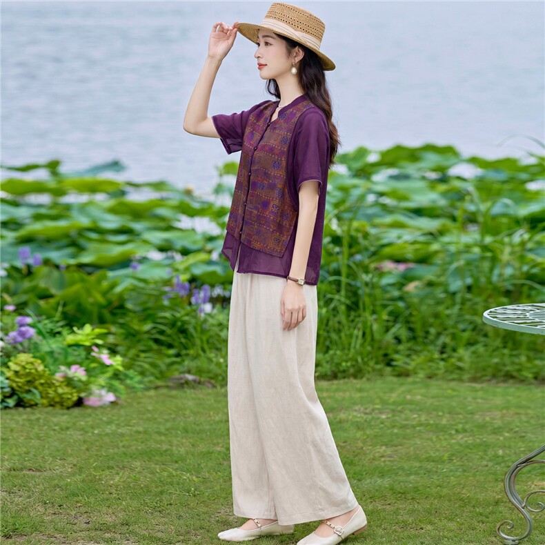 现货2026年夏季新款中式时尚两件套装女小衬衫加马甲天丝麻阔腿裤,女装套装/套裙,璐依舞