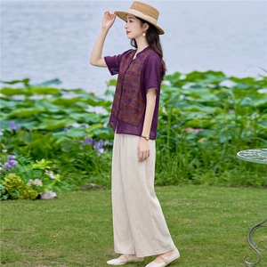 现货2026年夏季新款中式时尚两件套装女小衬衫加马甲天丝麻阔腿裤图片