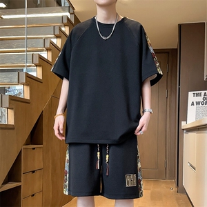 刺绣拼接休闲运动套装男夏季T恤一套短裤两件套A266-TZ9907-P47图片