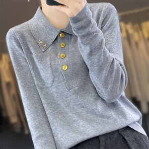 新款POLO领长袖针织打底衫女式宽松大气胸针内搭羊毛外套女图片
