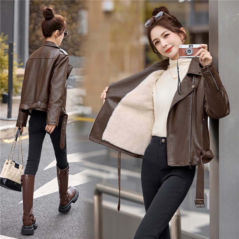 2025新款高级感小个子美拉德咖色翻领短款皮衣外套女秋冬加绒加厚，女装皮衣，江南女神