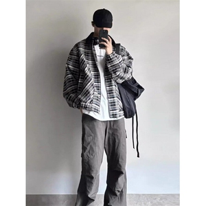 春秋时尚千鸟格夹克男女情侣百搭潮牌工装外套男美式复古格纹上衣图片
