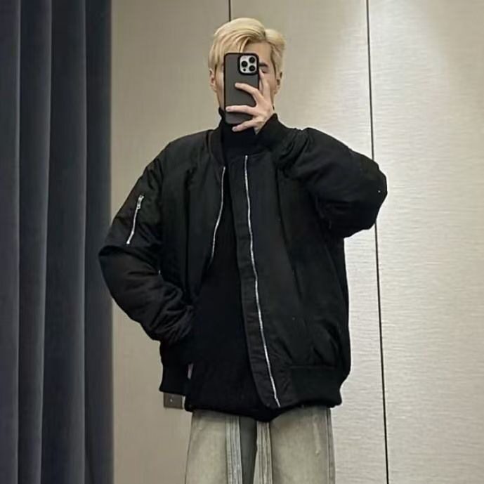 春秋新款纯色立领工装棒球服外套男女复古高街飞行员运动夹克上衣图片