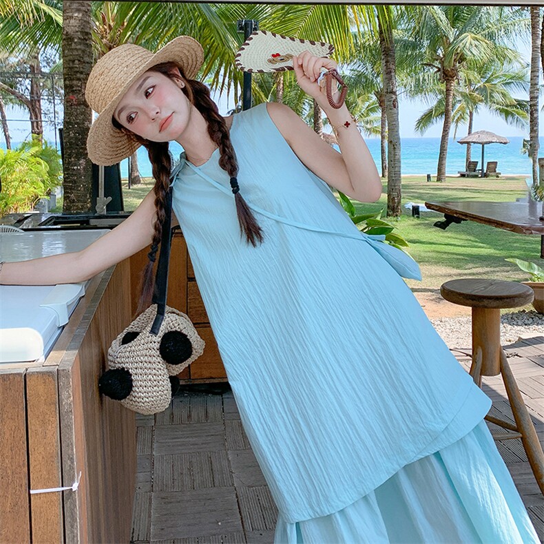 蓝色无袖假两件连衣裙女2025夏季新款韩系宽松休闲显瘦减龄背心裙,女装连衣裙,浙宝305