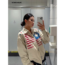 港风秋款男女夹克衫条纹五角星印花扎染宽松休闲外套JAK6012P75，男装夹克，星座1013-1