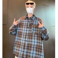 扎染格子长袖衬衫男2024春秋季新款潮牌宽松休闲衬衣外套C155/P38，男装衬衫，星座506