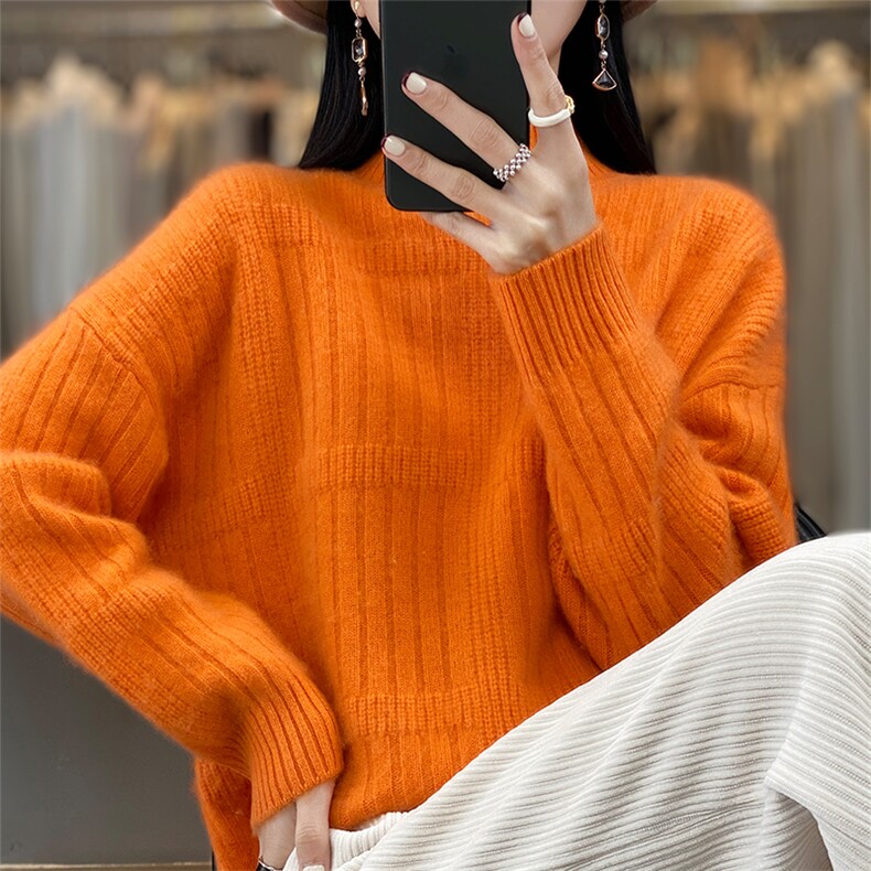 100%羊毛衫女半高领坑条加厚毛衣秋冬新款宽松慵懒羊绒针织打底衫,女装羊毛衫,宇灿羊绒