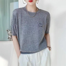 绿色小象刺绣冰丝针织衫短袖女夏季新款薄款宽松，女装针织衫/毛衣，圣旺供货