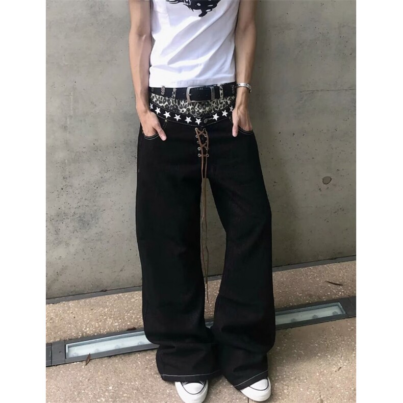 复古深蓝色宽松阔腿牛仔裤男女新款高腰慵懒风垂感拖地长裤N7099,男装牛仔裤,星座1116A（原606A-3）
