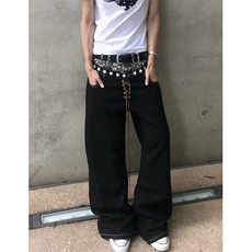 复古深蓝色宽松阔腿牛仔裤男女新款高腰慵懒风垂感拖地长裤N7099，男装牛仔裤，星座1116A（原606A-3）