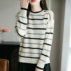 2025年秋季长袖时尚百搭通勤简约休闲圆领条纹，女装羊毛衫，秋双羊绒