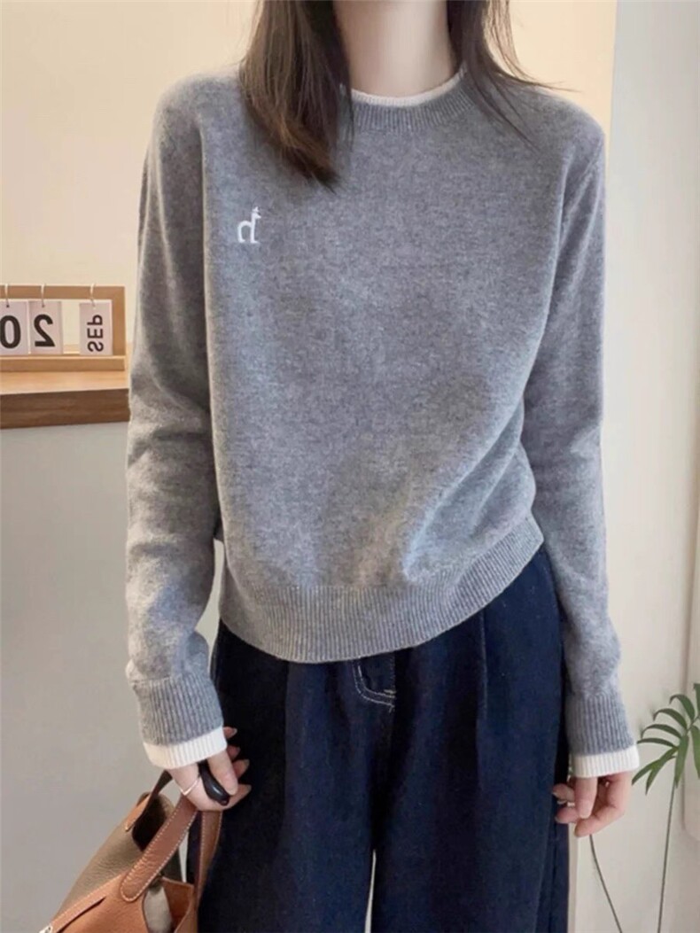 灰色圆领拼色假两件针织衫女秋冬新款韩系羊毛衫宽松打底衫毛衣，女装针织衫/毛衣，美莎羊绒
