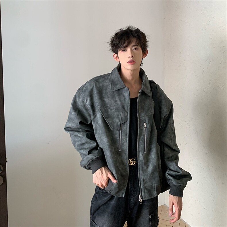 美式复古vintage做旧外套男潮高级感拼接翻领皮夹克痞帅炸街皮衣，男装皮衣，星座813-2