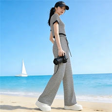 黑白条纹阔腿裤套装女夏季新款潮流时尚显瘦短款上衣长裤两件套潮，女装套装/套裙，江南