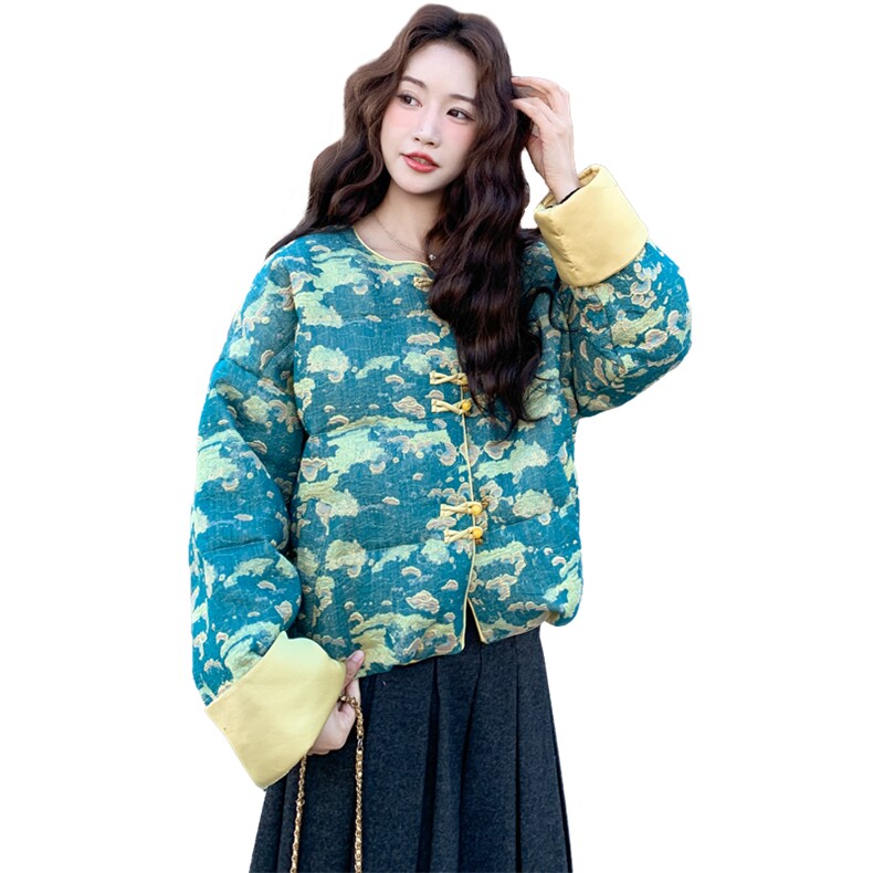 新中式提花立领盘扣轻薄羽绒服女2025秋冬新款复古小个子短款外套,女装羽绒服,纯色衣恋
