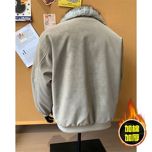 现货高品质美式高街重磅座山雕毛毛领pu皮棉衣男女加厚棉服冬外套图片