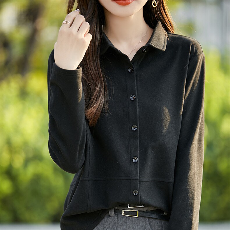 简约高级感POLO领打底衫女2025秋季新款双面磨毛软糯德绒衬衣开衫,女装T恤,佳绒高端店