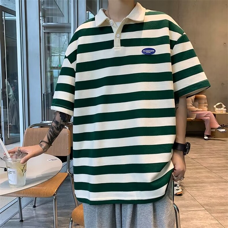 夏季港风情侣短袖POLO衫条纹贴布宽松短袖T恤PL0399-P35,男装Polo衫,星座308B-1