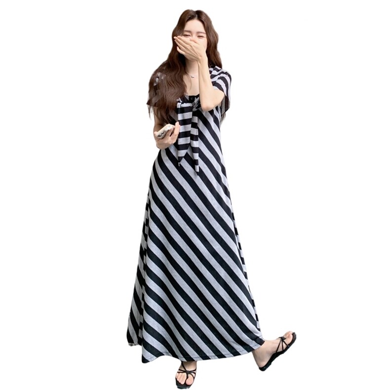 斜条纹披肩无袖连衣裙女2025夏季新款韩系设计感宽松休闲显瘦长裙,女装连衣裙,2C327