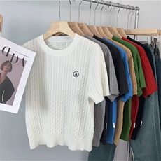 早秋新款时尚针织短袖上衣简约百搭显瘦圆领毛衣质感佳，女装T恤，珍珑羊绒