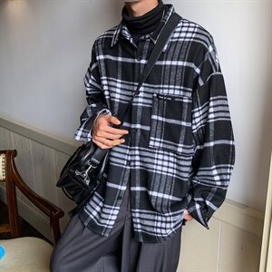 22春秋季新款厚格子衬衫男外套宽松休闲痞帅上衣DX155P55控78图片