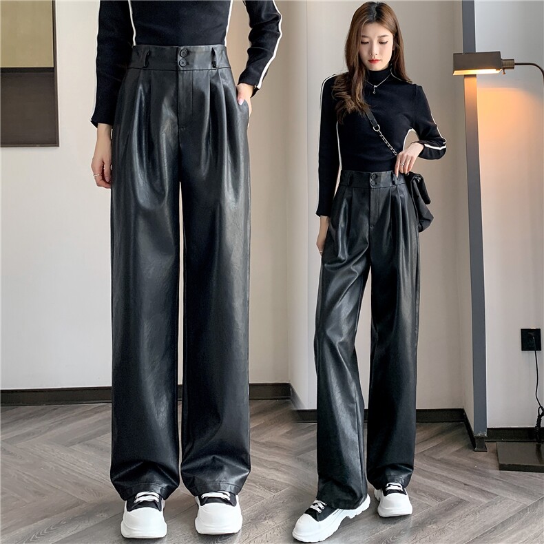 2023秋冬新款PU皮裤宽松直筒小个子高腰阔腿女裤休闲西装裤长裤,女装休闲裤,梦白服饰厂