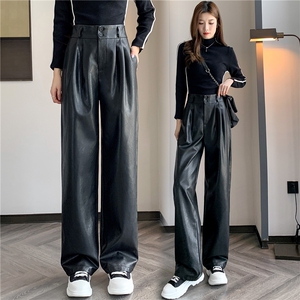 2023秋冬新款PU皮裤宽松直筒小个子高腰阔腿女裤休闲西装裤长裤图片
