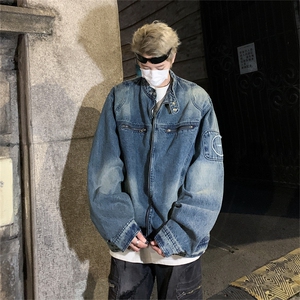 美式复古做旧水洗质感宽松牛仔外套男拉链情侣夹克潮牌休闲上衣女图片