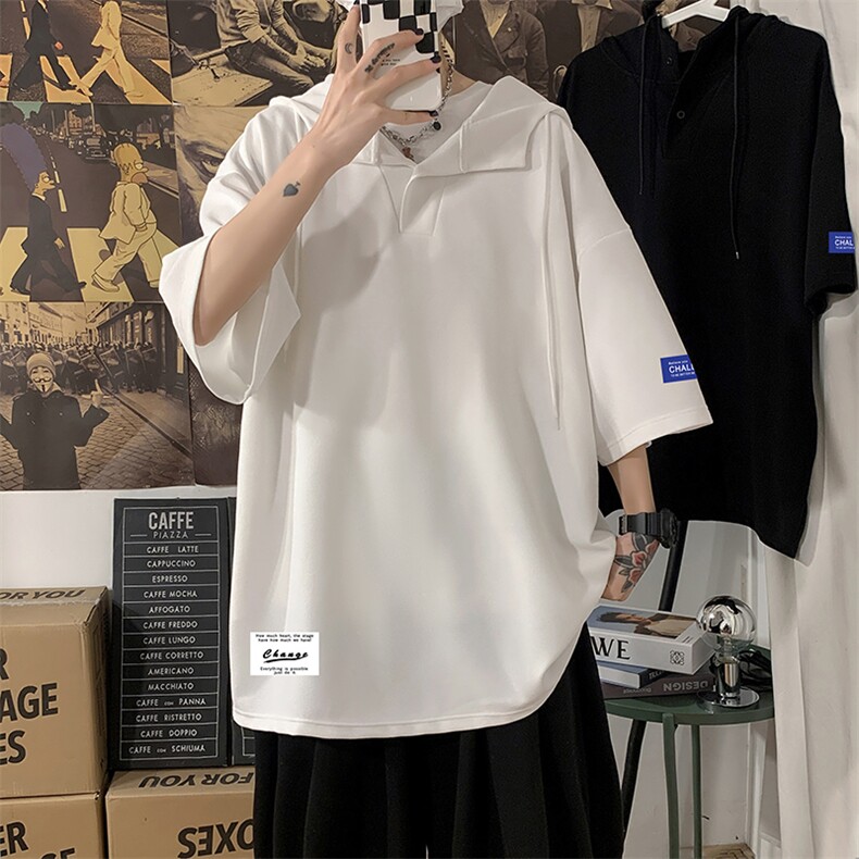 LD54062-P45 NASA连帽短袖t恤男大码胖子带帽五分袖中袖图片