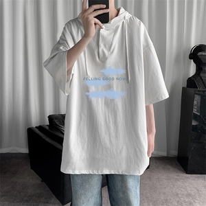LD54143-P45 连帽短袖t恤男大码胖子带帽五分袖中袖图片