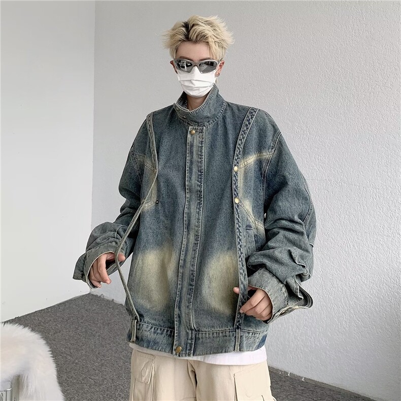 春秋美式高街复古拼接感宽松牛仔外套男女痞帅机车夹克W6666-P69，男装工装外套，星座412-3