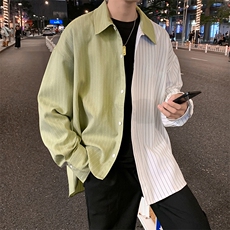 条纹衬衫拼色韩版宽松潮流百搭帅气衬衣ins网红潮上衣W1173-P35，男装衬衫，星座512-4