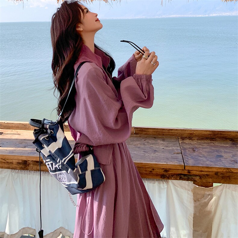 紫色休闲套装裙女防晒服2025春夏新款韩版减龄小个子气质两件套图片