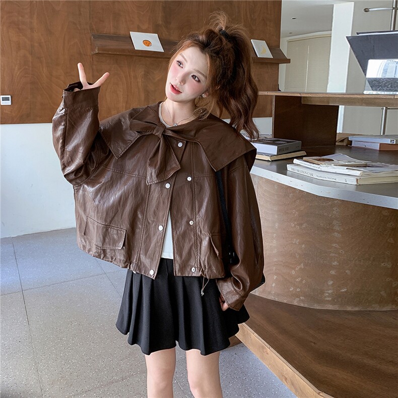 美拉德风娃娃领短款PU皮衣外套女2025年春秋季新款设计感减龄夹克，女装皮衣，蝶眷