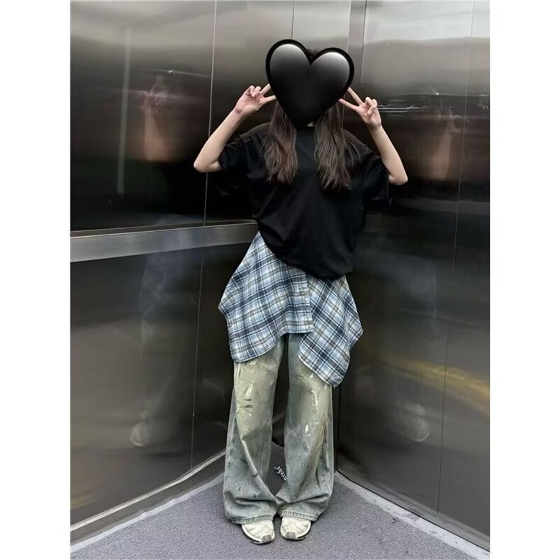 夏日松弛感牛仔裤女夏季美式街头创意泼墨水洗做旧设计宽松垂感裤,男装牛仔裤,星座506A