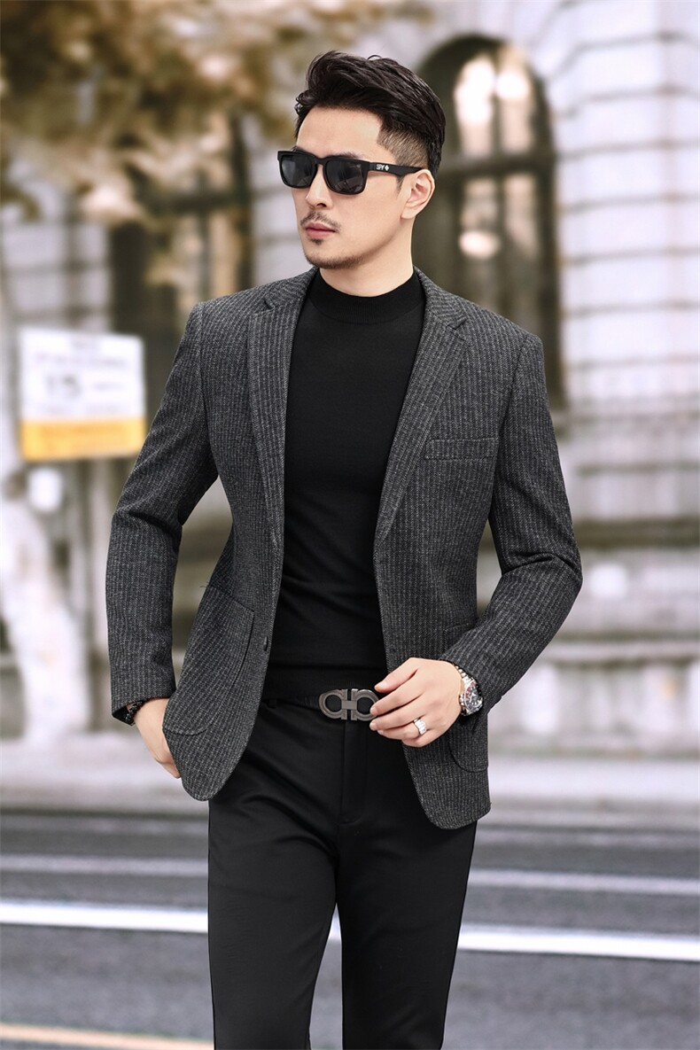 秋冬新款毛呢西装加厚人字尼条纹西服外套6102P180268,男装西服套装,电商D225-1