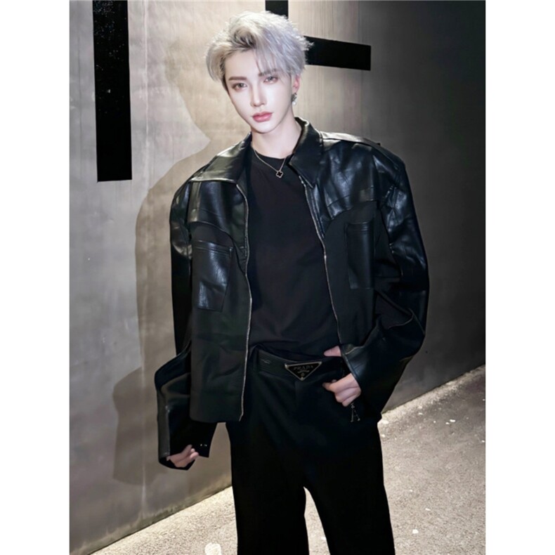 JY130-P68黑色短款垫肩皮衣外套男高级感痞帅机车夹克,男装皮衣,星座1501-3