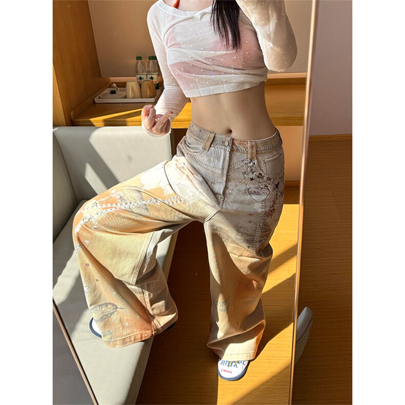 美式复古设计感链子印花牛仔裤女夏季橘子汽水多巴胺阔腿拖地长裤,男装牛仔裤,星座506A