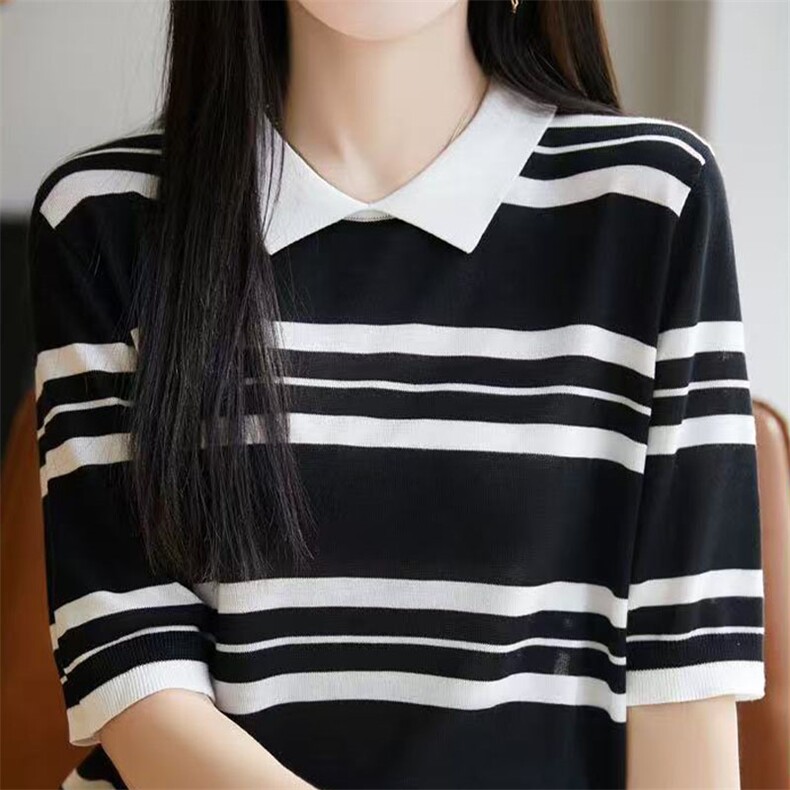 夏款莱赛尔天丝娃娃领条纹短袖女半袖T恤Polo翻领针织衫上衣,女装T恤,萱芳婷羊绒