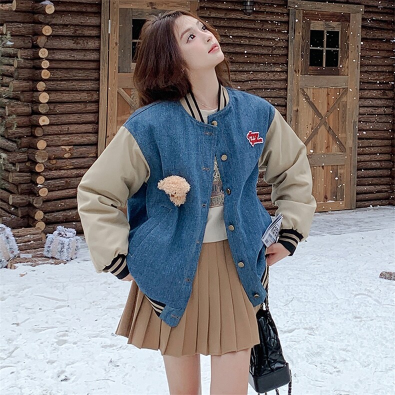 雪景牛仔加棉棒球服外套（玩偶可拆卸）显瘦百搭时尚,女装棉衣/棉服,天使之佳话