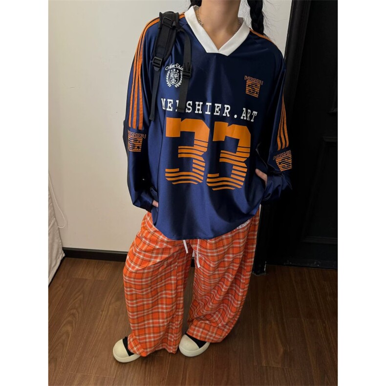 2025时尚美式复古泽西风V领拼接长袖T恤男女夏季宽松运动透气球衣，男装T恤，星座506A