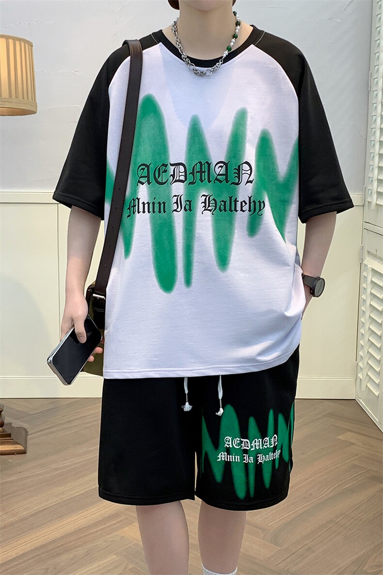 新款夏季短袖T恤冰丝套装港风透气凉爽宽松休闲潮流男装TZ323P48,男装休闲套装,电商A086