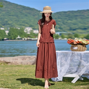 时尚洋气刺绣装女2026夏季新款宽松遮肉显瘦阔腿裤两件套套裙图片