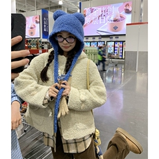 休闲连帽牛角扣羊羔毛短外套女秋冬超火好看高级小众加绒加厚夹克，女装毛呢外套，2D012